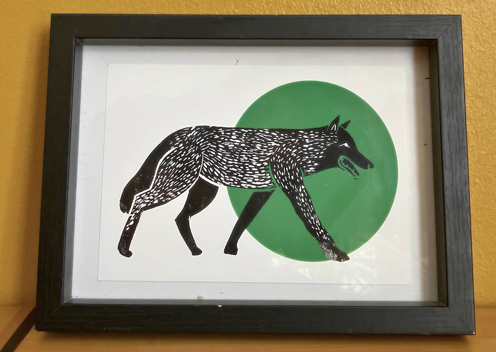 Cadre linogravure fait main-Loup-Savonnerie Kaea