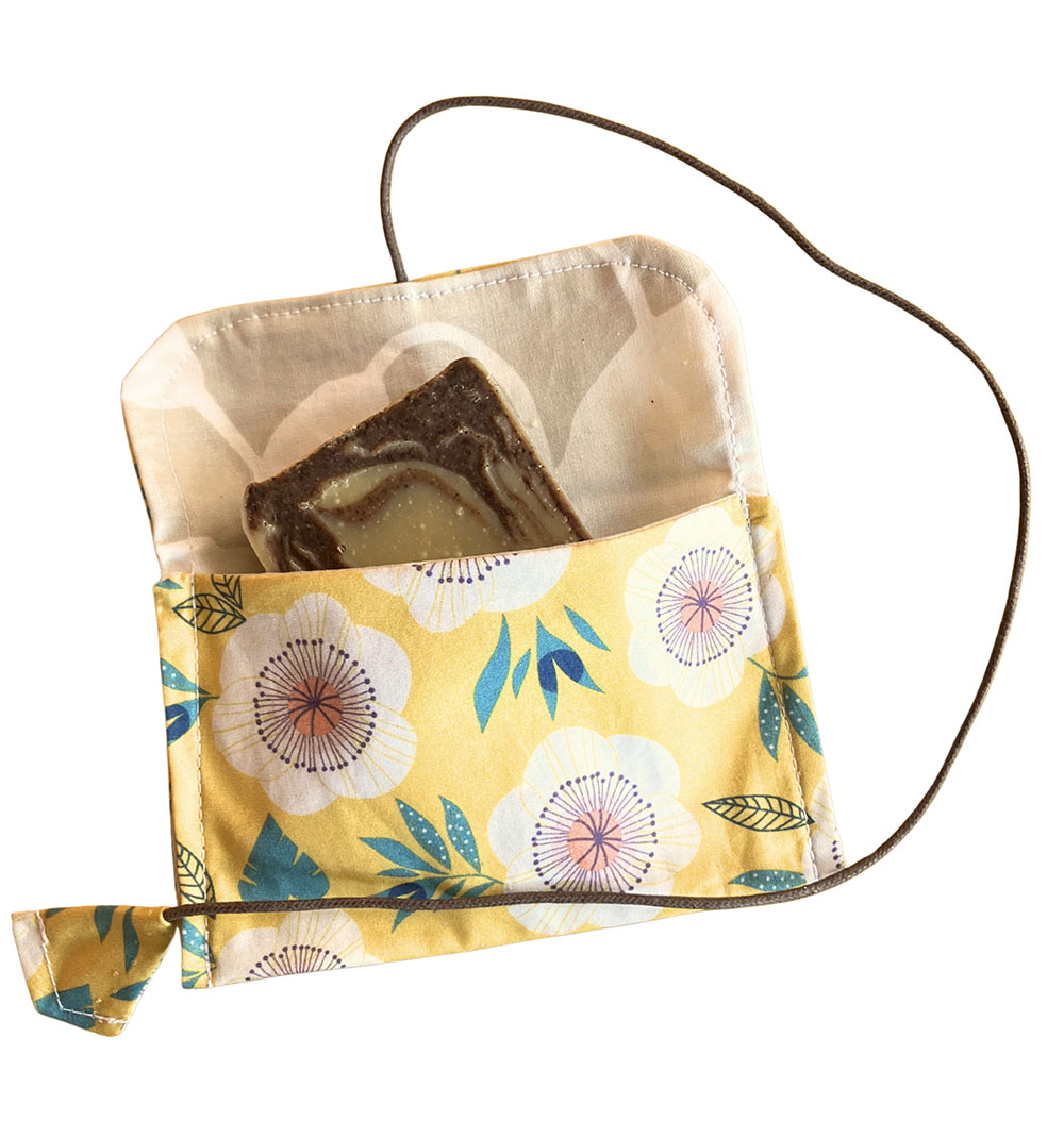 Pochette à savon coton Bio- jaune fleuri-Savons bio-Savonnerie KAEA